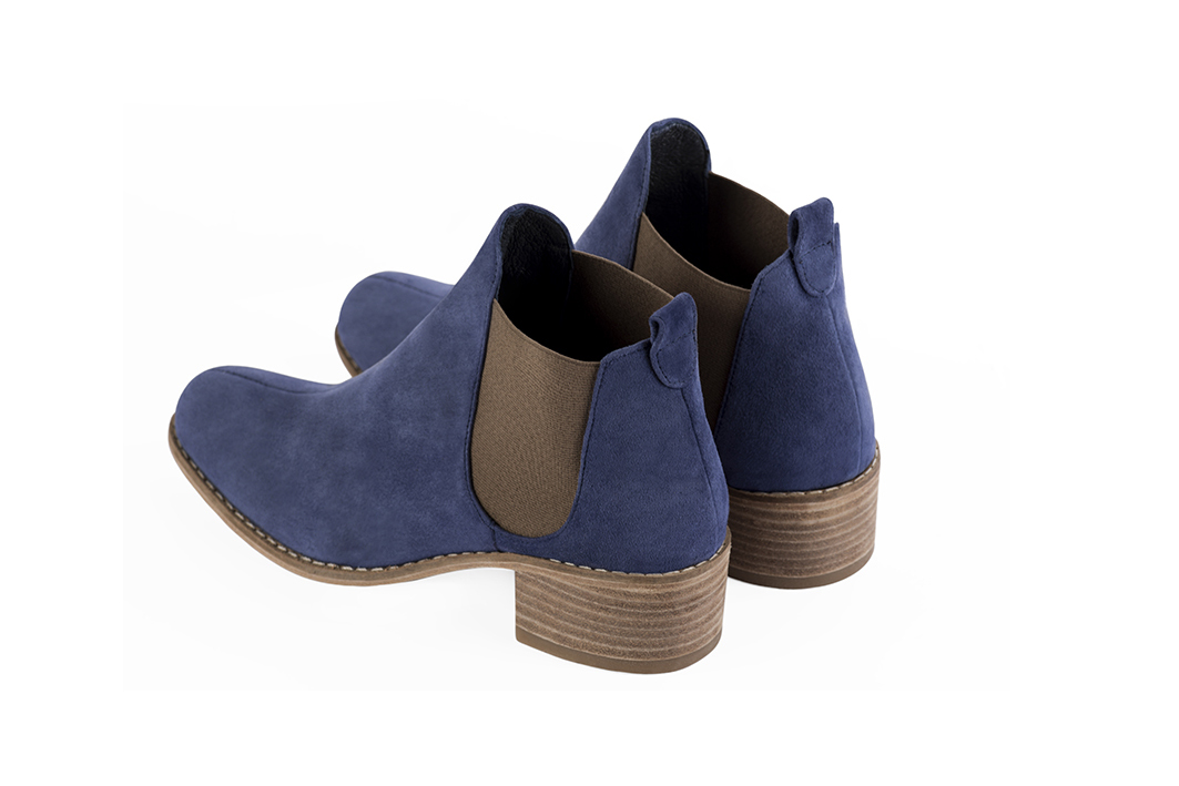Prussian blue and taupe brown women's ankle boots, with elastics. Round toe. Low leather soles. Rear view - Florence KOOIJMAN